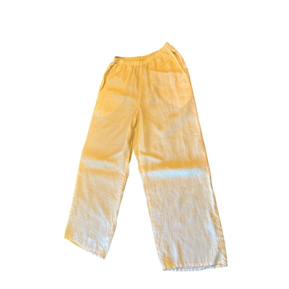 Yellow Flax Linen Pants Size P Elastic Waistband Pull on Casual Lagenlook - Picture 1 of 5
